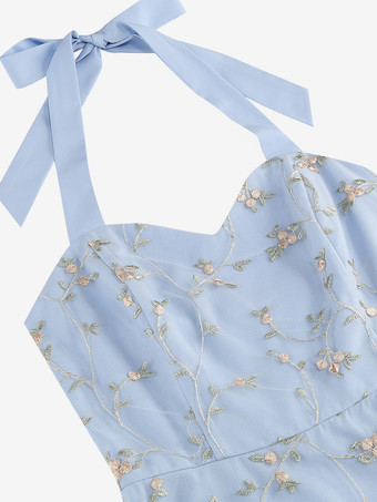 ヴィンテージ1950年代フローラルミディドレス（女性用） - ホルターネックメッシュ刺繍Aラインサマードレス - 春のガーデンウェディングゲスト向け 2026