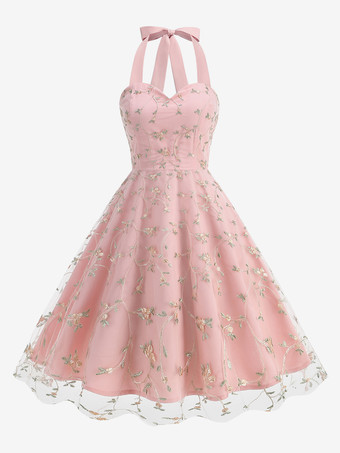 ピンク ヴィンテージ1950年代フローラルミディドレス（女性用） - ホルターネックメッシュ刺繍Aラインサマードレス - 春のガーデンウェディングゲスト向け 2026