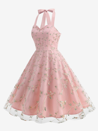 ヴィンテージ1950年代フローラルミディドレス（女性用） - ホルターネックメッシュ刺繍Aラインサマードレス - 春のガーデンウェディングゲスト向け 2026