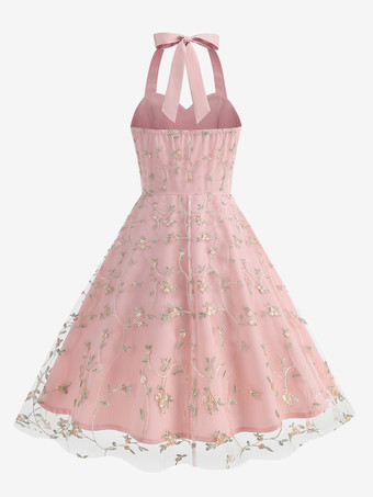 ヴィンテージ1950年代フローラルミディドレス（女性用） - ホルターネックメッシュ刺繍Aラインサマードレス - 春のガーデンウェディングゲスト向け 2026