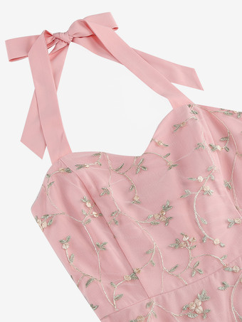 ヴィンテージ1950年代フローラルミディドレス（女性用） - ホルターネックメッシュ刺繍Aラインサマードレス - 春のガーデンウェディングゲスト向け 2026