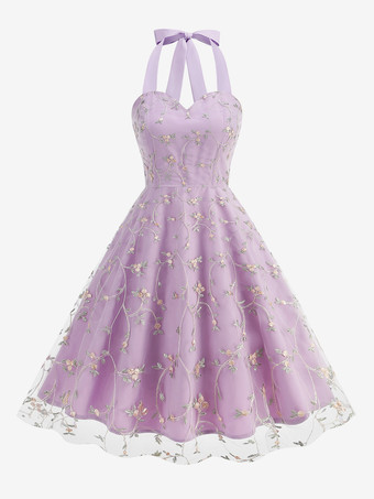 パープル ヴィンテージ1950年代フローラルミディドレス（女性用） - ホルターネックメッシュ刺繍Aラインサマードレス - 春のガーデンウェディングゲスト向け 2026