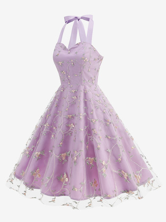 ヴィンテージ1950年代フローラルミディドレス（女性用） - ホルターネックメッシュ刺繍Aラインサマードレス - 春のガーデンウェディングゲスト向け 2026