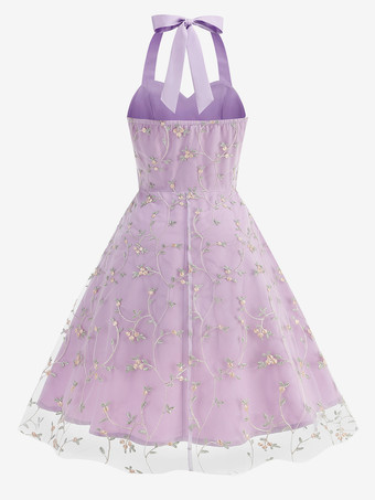 ヴィンテージ1950年代フローラルミディドレス（女性用） - ホルターネックメッシュ刺繍Aラインサマードレス - 春のガーデンウェディングゲスト向け 2026