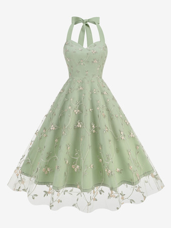 グリーン ヴィンテージ1950年代フローラルミディドレス（女性用） - ホルターネックメッシュ刺繍Aラインサマードレス - 春のガーデンウェディングゲスト向け 2026