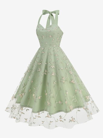 ヴィンテージ1950年代フローラルミディドレス（女性用） - ホルターネックメッシュ刺繍Aラインサマードレス - 春のガーデンウェディングゲスト向け 2026