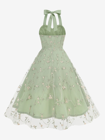 ヴィンテージ1950年代フローラルミディドレス（女性用） - ホルターネックメッシュ刺繍Aラインサマードレス - 春のガーデンウェディングゲスト向け 2026