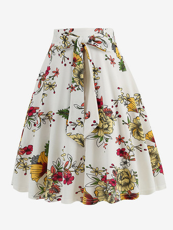 ヴィンテージ1950年代プリントスカート（レディース） - レトロなハイウエストAラインスイングミディスカート（ベルト付き） - 夏のトロピカルパーティー2026