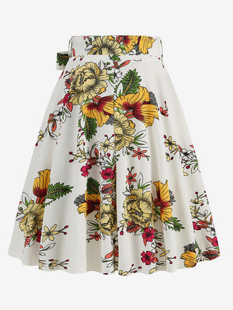 ヴィンテージ1950年代プリントスカート（レディース） - レトロなハイウエストAラインスイングミディスカート（ベルト付き） - 夏のトロピカルパーティー2026