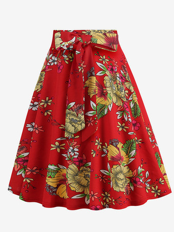 ヴィンテージ1950年代プリントスカート（レディース） - レトロなハイウエストAラインスイングミディスカート（ベルト付き） - 夏のトロピカルパーティー2026