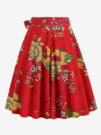 ヴィンテージ1950年代プリントスカート（レディース） - レトロなハイウエストAラインスイングミディスカート（ベルト付き） - 夏のトロピカルパーティー2026