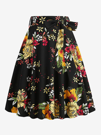 レッド＋ホワイト＋ブラックヴィンテージ1950年代プリントスカート（レディース） - レトロなハイウエストAラインスイングミディスカート（ベルト付き） - 夏のトロピカルパーティー2026