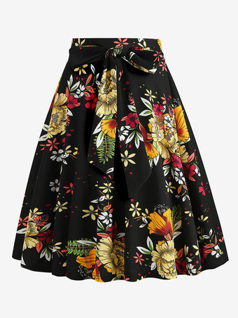 ヴィンテージ1950年代プリントスカート（レディース） - レトロなハイウエストAラインスイングミディスカート（ベルト付き） - 夏のトロピカルパーティー2026