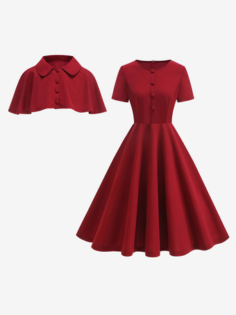 レッド ヴィンテージ1950年代ミディドレス（ケープレット付き）女性用 - オードリー・ヘプバーン風Aラインスイングスケータードレス - サマーレトロパーティー2026