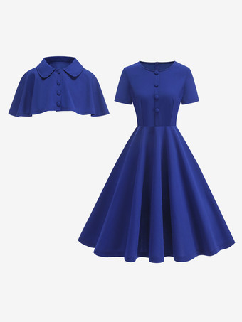 ブルー ヴィンテージ1950年代ミディドレス（ケープレット付き）女性用 - オードリー・ヘプバーン風Aラインスイングスケータードレス - サマーレトロパーティー2026