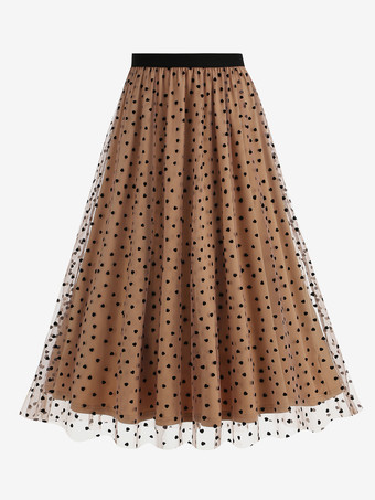 カーキ エレガントなハートチュールスカート（女性用） - ふわふわメッシュのハイウエストAラインロングスカート - 春夏パーティウェア 2026