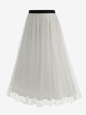 ホワイト エレガントなハートチュールスカート（女性用） - ふわふわメッシュのハイウエストAラインロングスカート - 春夏パーティウェア 2026