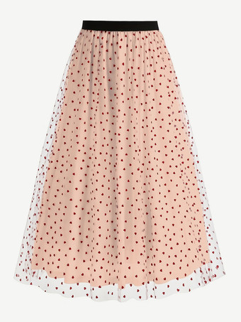 ピンクエレガントなハートチュールスカート（女性用） - ふわふわメッシュのハイウエストAラインロングスカート - 春夏パーティウェア 2026