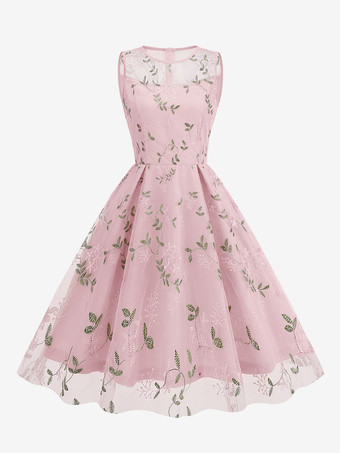 ライトピンクヴィンテージ 1950年代 花柄ミディドレス レディース - 刺繍メッシュ イリュージョンネック Aライン スイング プロムドレス - サマーカクテル 2026