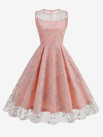 ダークピンクヴィンテージ 1950年代 花柄ミディドレス レディース - 刺繍メッシュ イリュージョンネック Aライン スイング プロムドレス - サマーカクテル 2026