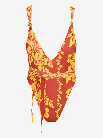 トロピカルフローラル柄ワンピース水着（女性用） - プリント入りディープVネックハイカットモノキニ - 2026年夏ビーチバケーション