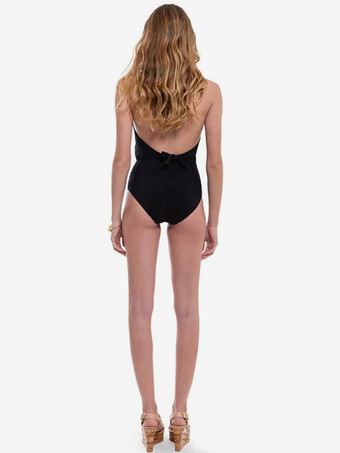 エレガントなVネックワンピース水着（女性用） - ブラックホルターネック、深いVネック、ギャザーウエストのスイムウェア - サマーリゾート2026