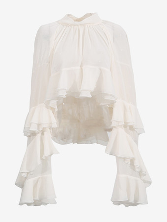 ヴィクトリアン ラッフル ブラウス（女性用） - フェアリーコア モックネック ティアード フレア スリーブ シアー トップ - 春のデート ナイト パーティー 2026