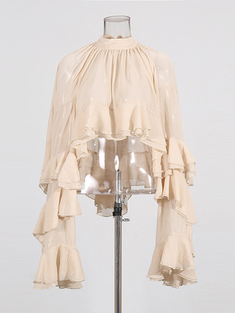 ヴィクトリアン ラッフル ブラウス（女性用） - フェアリーコア モックネック ティアード フレア スリーブ シアー トップ - 春のデート ナイト パーティー 2026