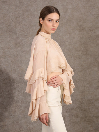 ヴィクトリアン ラッフル ブラウス（女性用） - フェアリーコア モックネック ティアード フレア スリーブ シアー トップ - 春のデート ナイト パーティー 2026