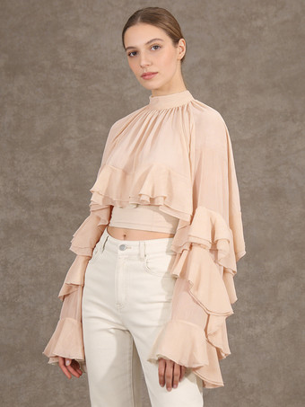 ソフトピンクヴィクトリアン ラッフル ブラウス（女性用） - フェアリーコア モックネック ティアード フレア スリーブ シアー トップ - 春のデート ナイト パーティー 2026