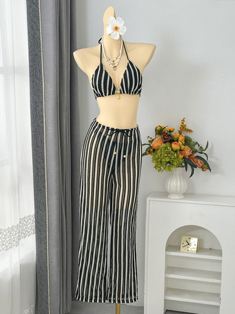 女性用クロシェ編み水着3点セット - ストライプホルターネック三角ビキニパンツカバーアップ - 夏のビーチバケーション2026