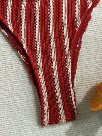 女性用クロシェ編み水着3点セット - ストライプホルターネック三角ビキニパンツカバーアップ - 夏のビーチバケーション2026