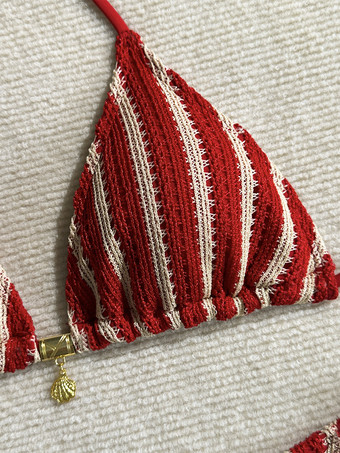 女性用クロシェ編み水着3点セット - ストライプホルターネック三角ビキニパンツカバーアップ - 夏のビーチバケーション2026