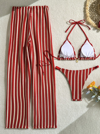 女性用クロシェ編み水着3点セット - ストライプホルターネック三角ビキニパンツカバーアップ - 夏のビーチバケーション2026