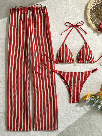 女性用クロシェ編み水着3点セット - ストライプホルターネック三角ビキニパンツカバーアップ - 夏のビーチバケーション2026