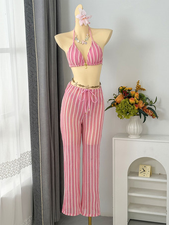 女性用クロシェ編み水着3点セット - ストライプホルターネック三角ビキニパンツカバーアップ - 夏のビーチバケーション2026