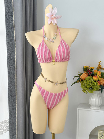 女性用クロシェ編み水着3点セット - ストライプホルターネック三角ビキニパンツカバーアップ - 夏のビーチバケーション2026