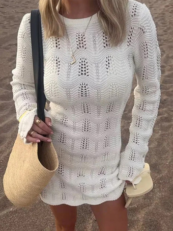 かぎ針編みニットビーチミニドレス（女性用） - ホワイト透かし編み長袖ポインテルボディコンカバーアップ - 2026年夏のビーチバケーション