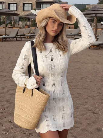 ホワイト かぎ針編みニットビーチミニドレス（女性用） - ホワイト透かし編み長袖ポインテルボディコンカバーアップ - 2026年夏のビーチバケーション