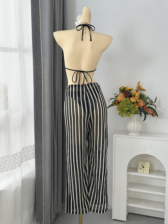 女性用クロシェ編み水着3点セット - ストライプホルターネック三角ビキニパンツカバーアップ - 夏のビーチバケーション2026