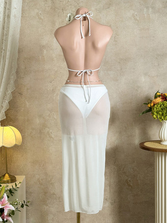 エレガントな3ピース水着セット（女性用） - ホルターネックトライアングルビキニ、ゴールドリング付きマキシスカートカバーアップ - サマーリゾート2026