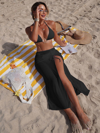 ブラック エレガントな3ピース水着セット（女性用） - ホルターネックトライアングルビキニ、ゴールドリング付きマキシスカートカバーアップ - サマーリゾート2026