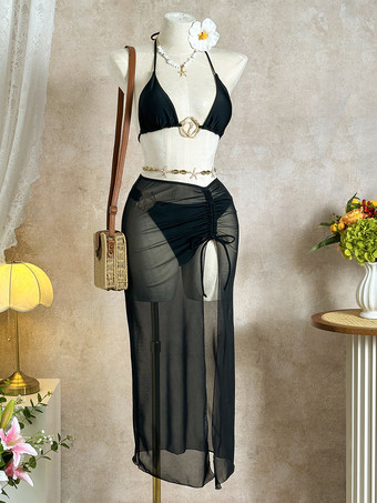 エレガントな3ピース水着セット（女性用） - ホルターネックトライアングルビキニ、ゴールドリング付きマキシスカートカバーアップ - サマーリゾート2026