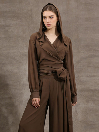 透け感のあるフード付きシフォンブラウス（女性用） - ブラウン セクシー Vネック ランタンスリーブ ラップトップス - サマーレイブパーティー 2026