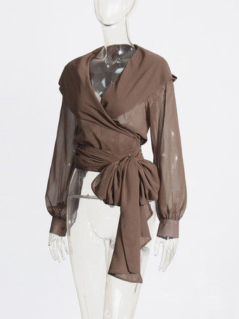 透け感のあるフード付きシフォンブラウス（女性用） - ブラウン セクシー Vネック ランタンスリーブ ラップトップス - サマーレイブパーティー 2026