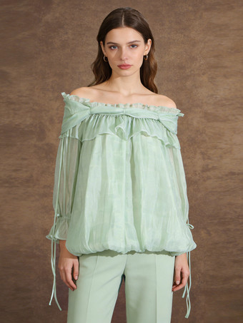 ライトグリーン レディースオフショルダーシフォンブラウス - フェアリーコア フリルバブルヘム長袖トップス - サマーカジュアルパーティ2026