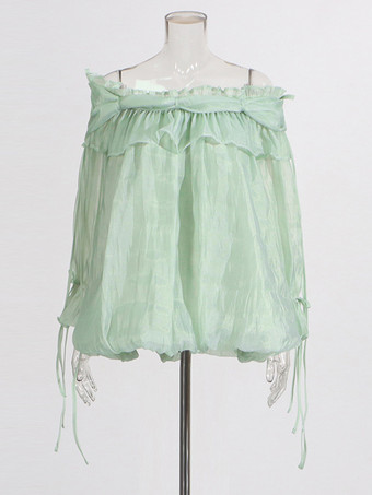 レディースオフショルダーシフォンブラウス - フェアリーコア フリルバブルヘム長袖トップス - サマーカジュアルパーティ2026