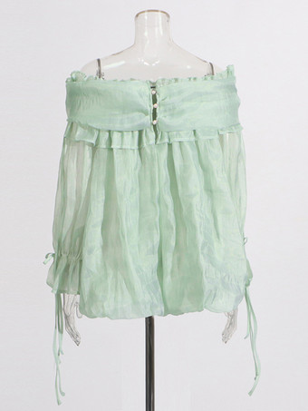 レディースオフショルダーシフォンブラウス - フェアリーコア フリルバブルヘム長袖トップス - サマーカジュアルパーティ2026