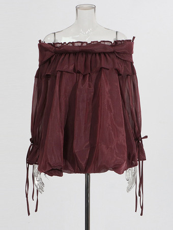 ワインレッド レディースオフショルダーシフォンブラウス - フェアリーコア フリルバブルヘム長袖トップス - サマーカジュアルパーティ2026