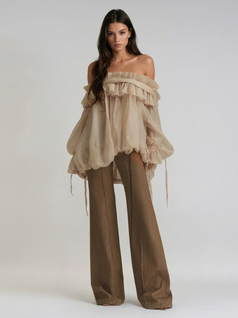 シャンパンカラーレディースオフショルダーシフォンブラウス - フェアリーコア フリルバブルヘム長袖トップス - サマーカジュアルパーティ2026